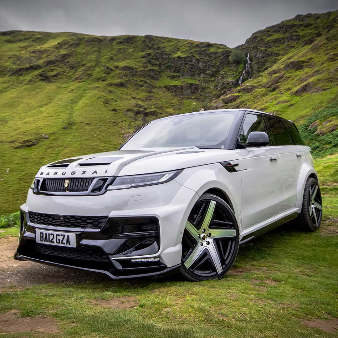 Nardo Grey Luxury Range Rover Sport L461 upgraded with Barugzai Raptor Widebody Kit – aggressive front three-quarter angle