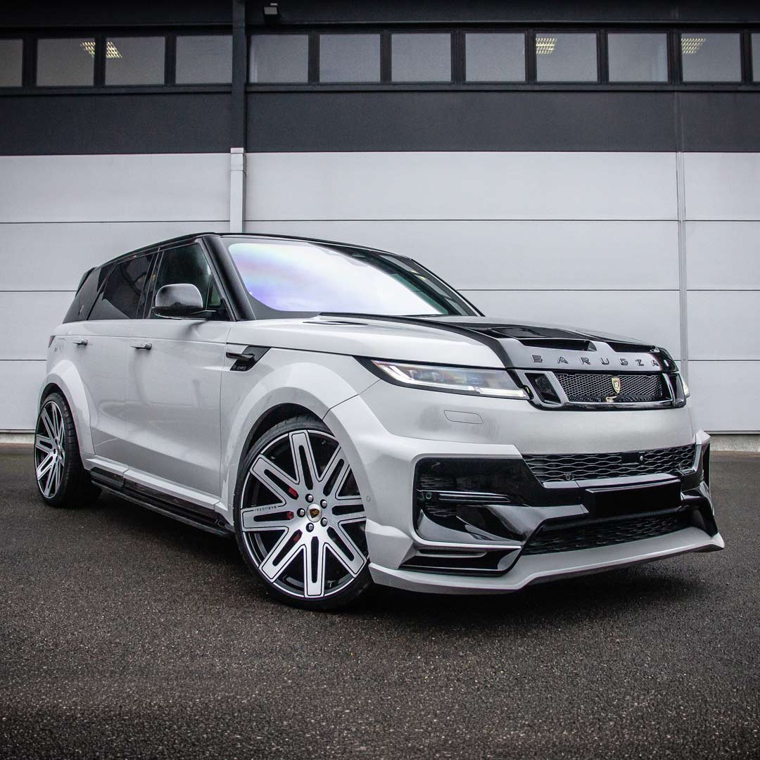 Nardo Grey Barugzai Raptor Body Kit on Range Rover Sport L461 – front quarter hero shot with wide arches fitted with EXEL wheels in Gloss Black Polished Face