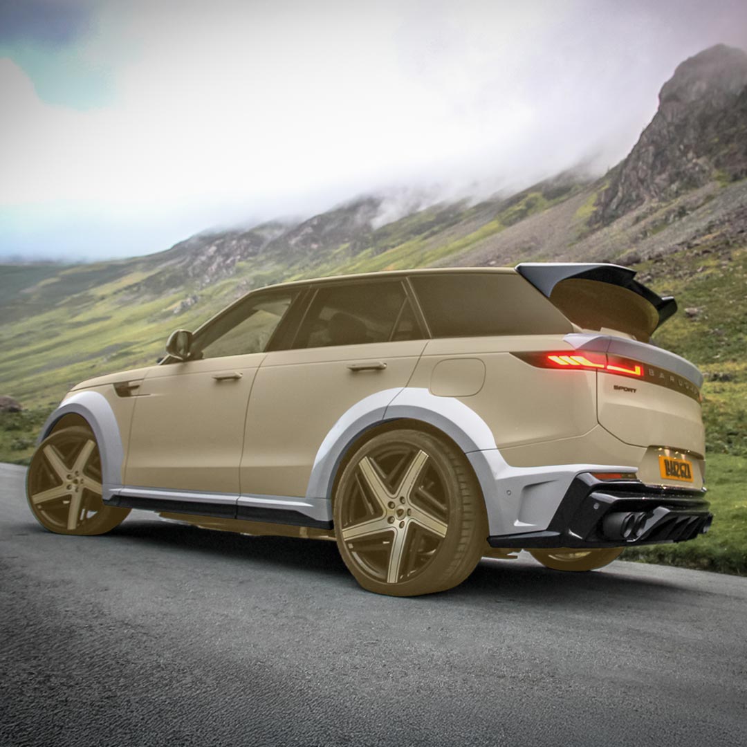 Nardo Grey Range Rover Sport L461 fitted with Barugzai Raptor Widebody Kit – rear three-quarter view with diffuser and spoilers, components revealed