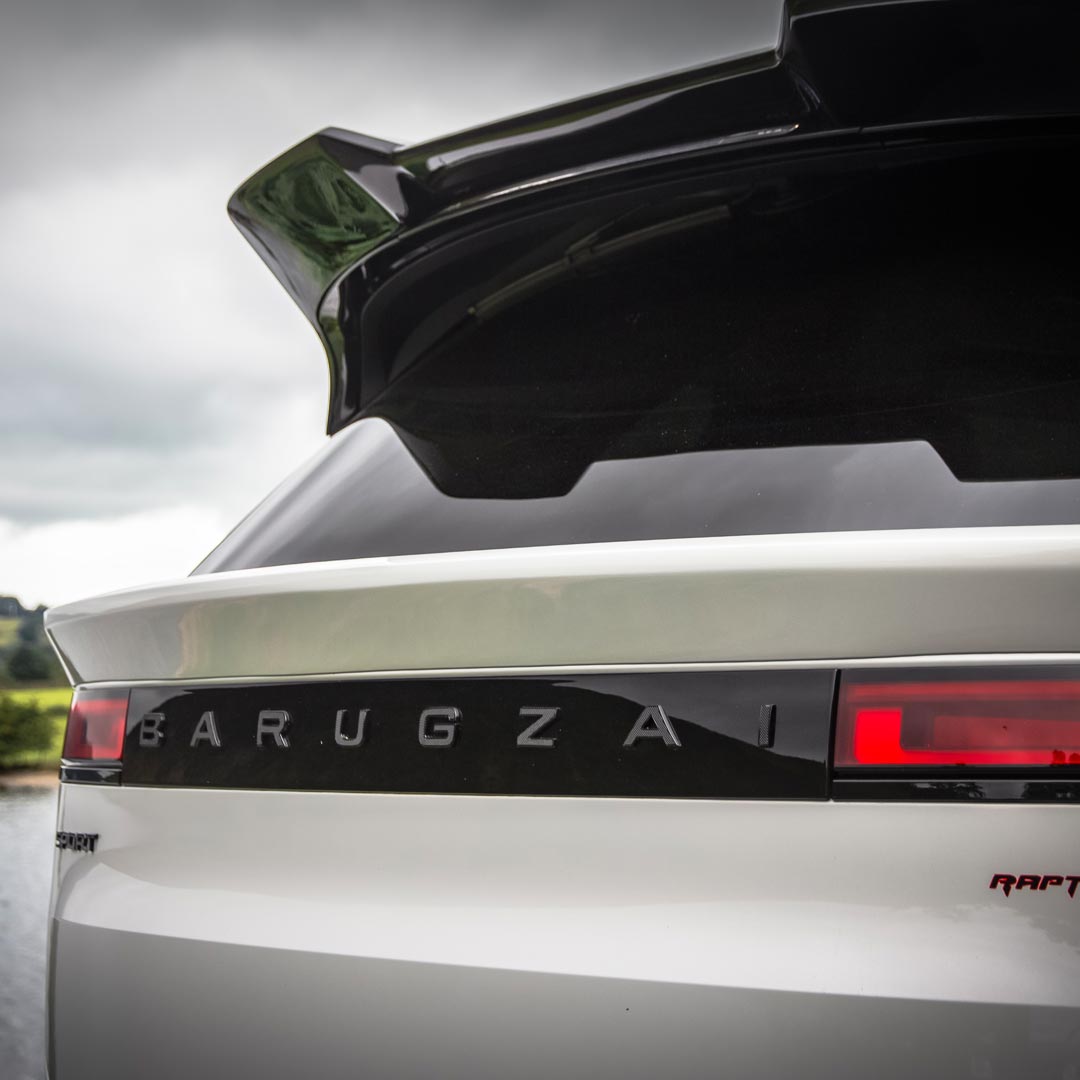 Nardo Grey Barugzai Raptor Body Kit rear roof spoiler, mid spoiler and branding detail on Range Rover Sport L461