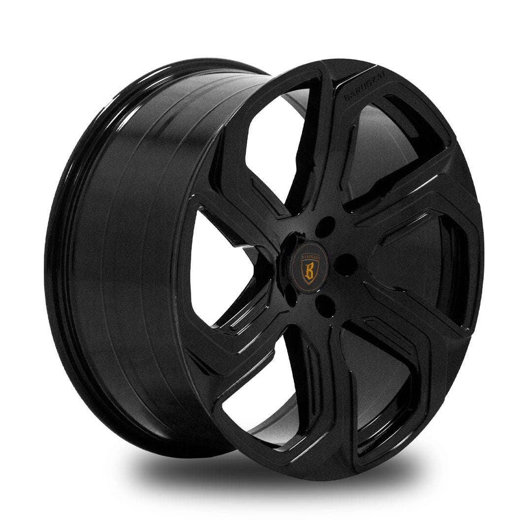 Angled view of Barugzai Sabre 22 inch alloy wheel in full gloss black finish