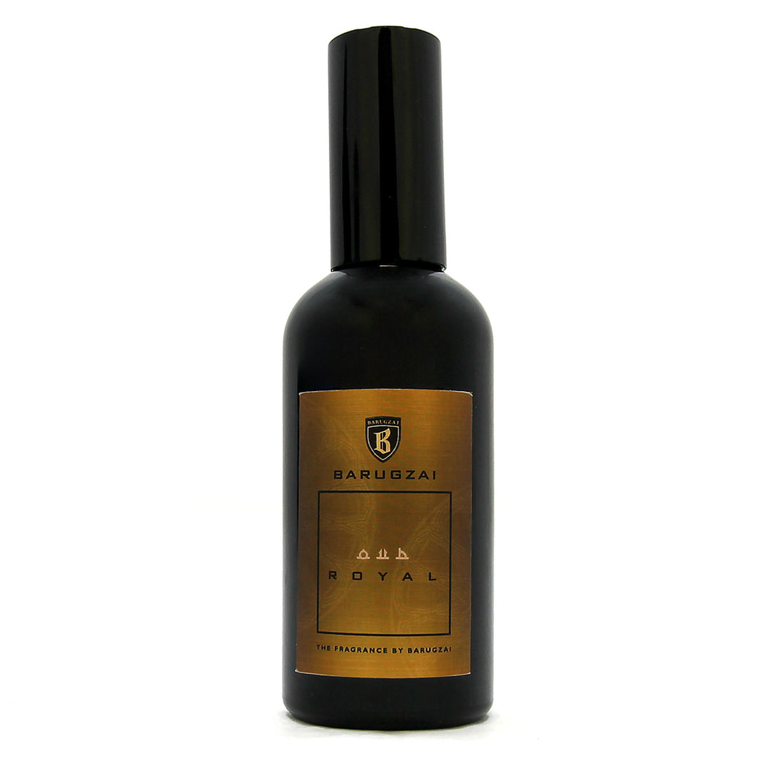 Barugzai Oud Royal black fragrance bottle front view with gold label
