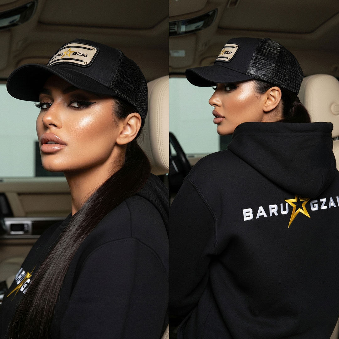 Barugzai black and gold trucker cap worn by female model front and rear view