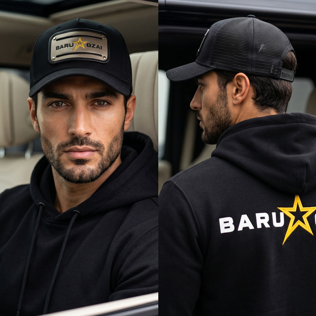 Barugzai black and gold trucker cap worn by male model front and rear view
