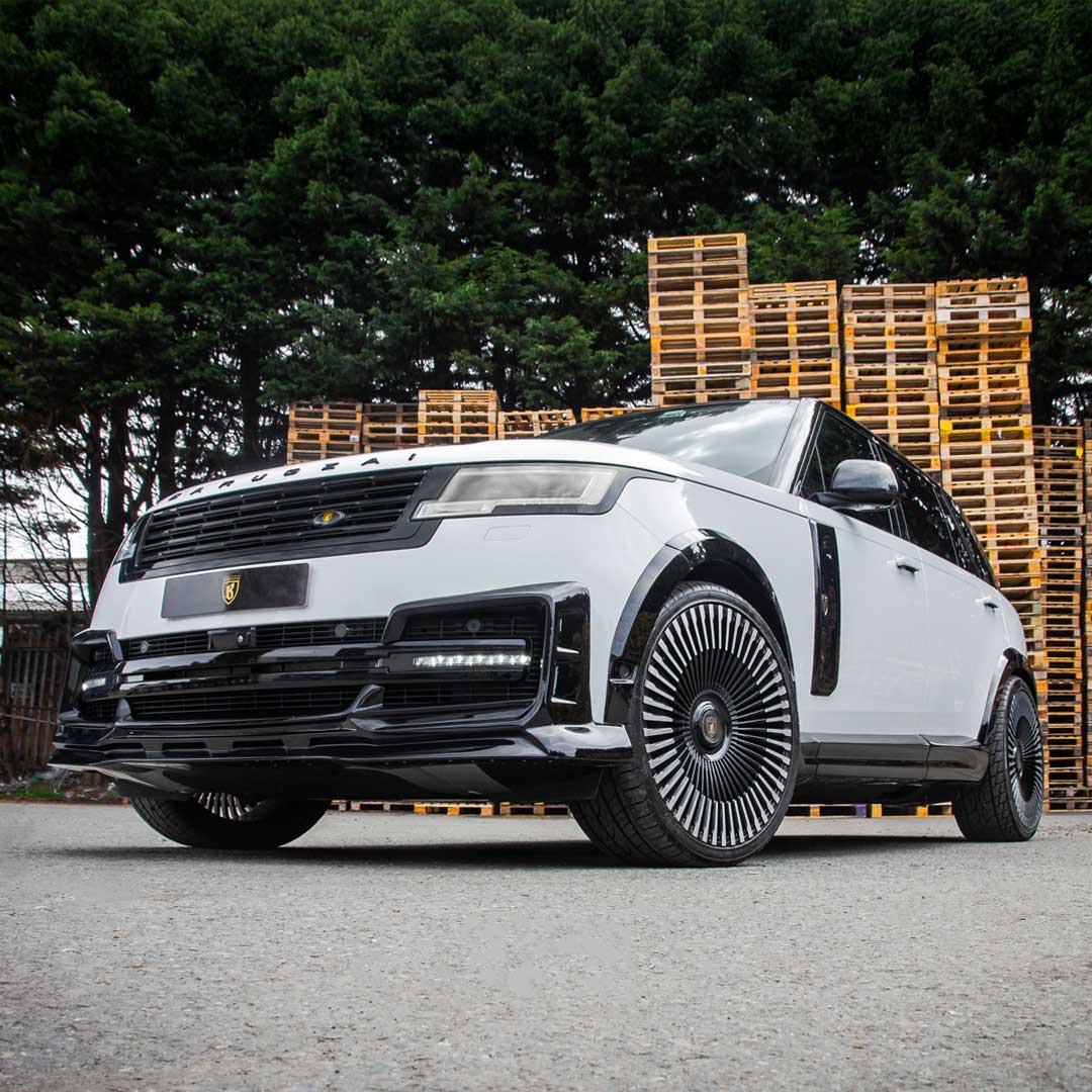 Barugzai Vortex forged 24 inch wheels gloss black with polished face on custom Range Rover L460 Barugzai Nebula Widebody build